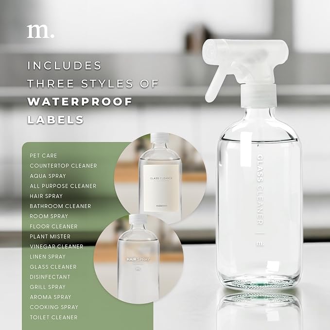 MaisoNovo Glass Spray Bottles 16 Oz Pack of 2 - Clear Spray Bottles for Cleaning Solutions with Fortified Glass & Fine Mist - Ideal for Cleaning, Disinfecting, Home, Office & Commercial Use - 16 Label