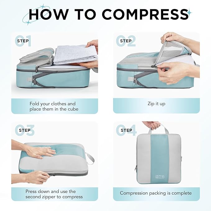 8 Set Compression Packing Cubes for Travel Essentials,Compressible Expandable Packing Cubes for Suitcase,OlarHike Luggage Garment Bags for Travel,Handy Helper for Organizing Clothes(Blue Gray)