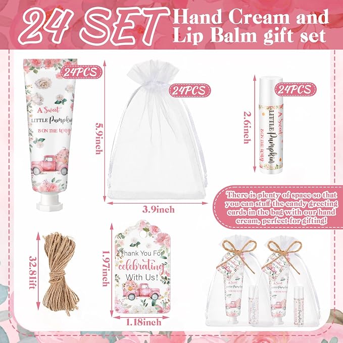 24 Sets Sweet Little Pumpkin Baby Shower Hand Cream and Lip Balm Gift a Sweet Little Pumpkin Is on the Way Baby Shower Party Favors Pink Floral Truck Travel Size Hand Lotion and Lip Balm for Guests
