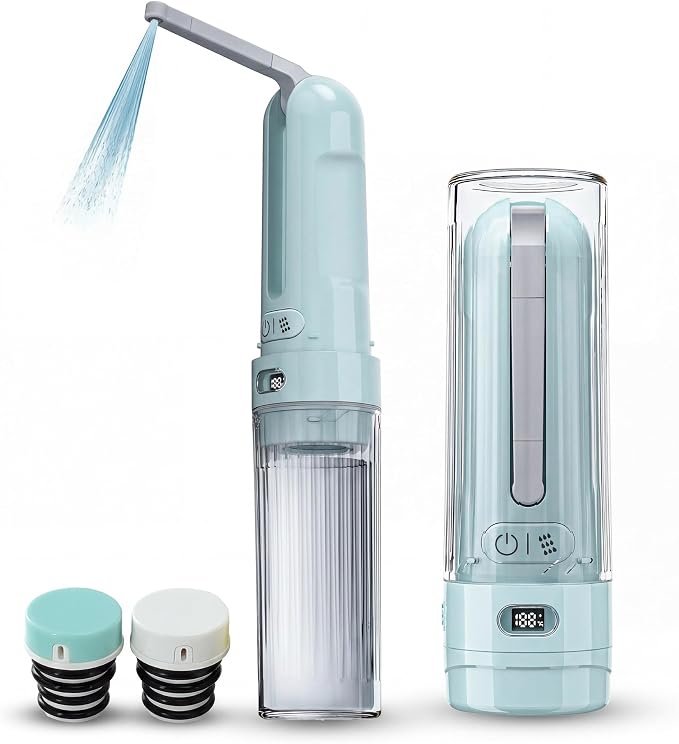Electric Portable Bidet, Travel Toilet Hygiene Sanitation,3 Modes Foldable Peri Bottle with 2 Nozzles, High-Pressure Handheld Sprayer for Camping, Hiking, Cycling (Mint Green)