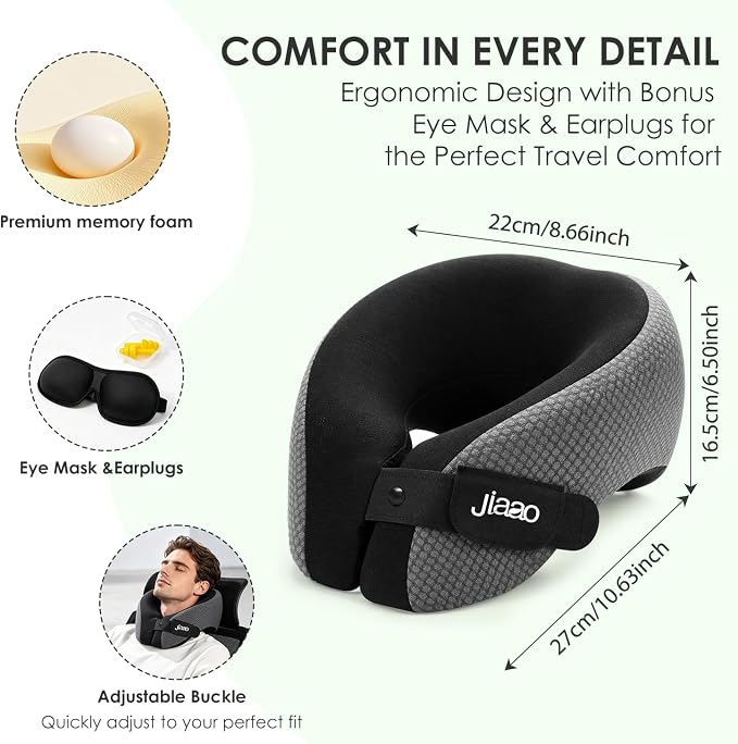 jiaao Neck Travel Pillow Memory Foam 360° Neck Support Pillows for Airplane | Ergonomic Neck Pillow for Long Flight, Airplanes, Cars & Trains, Kit with Eye Mask, Earplugs and Storage Box