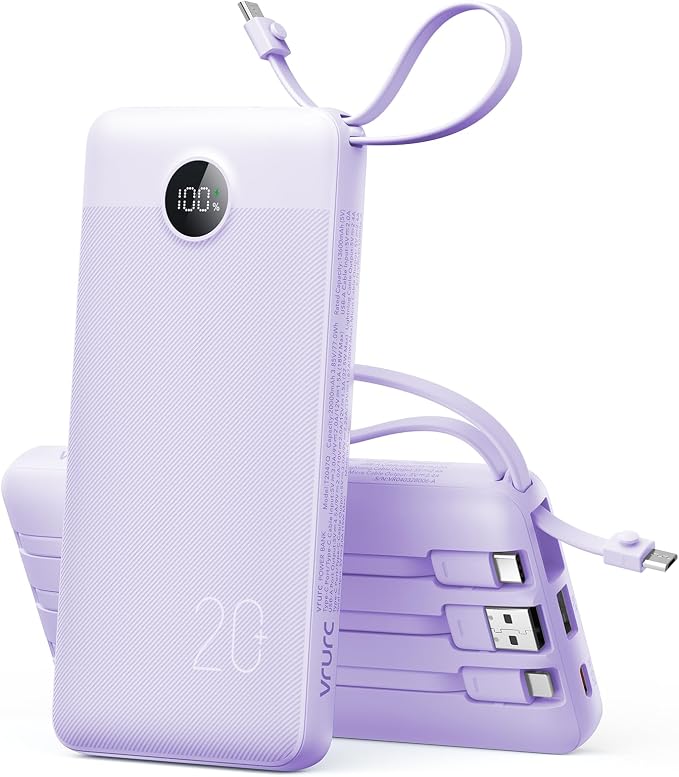 VRURC Portable Charger Slim 20000mAh Power Bank,22.5W PD Fast Charging Travel Essentials Powerbank 4-Built-in-Cables&2 Extra Ports Compatible with iPhone,iPad,Galaxy,Android (Purple)