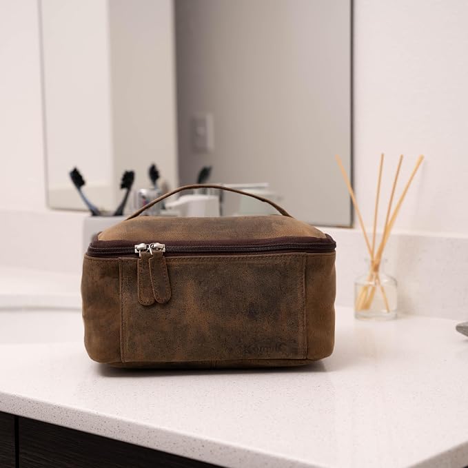 KomalC Leather Toiletry Bag For Men & Women, Handcrafted Travel Kit, Water-Resistant Shaving Bag For Men Travel, Premium Rustic Toiletry Pouch with Zipper Closure (1 Zip Hunter)