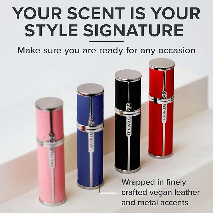 Travalo Milano Perfume Atomizer - Leak-Proof and TSA Approved for Air Travel - Reusable, Airtight, Easy Fill Mini Pump Sprayer - Lightweight, Vegan Leather with Polished Metal Outer Shell - Blue
