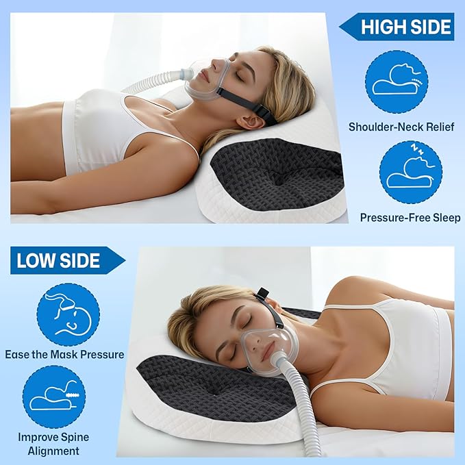 CPAP Pillow for Side & Back Sleepers - Mask Compatible Contour Design to Reduce Leaks, Breathable Memory Foam Pillow with Ergonomic Support & Hose-Friendly Cutouts for Comfortable Sleep, Black