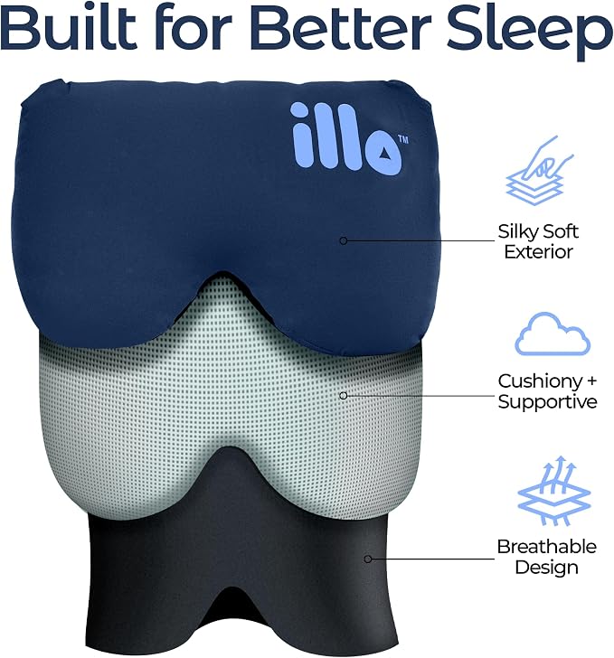 illo Wearable Pillow Sleep Mask | Blackout Weighted Eye Mask for Sleeping Napping & Side Sleepers | Soft Mulberry Silk Blend Patented Light Blocking for Travel Bed Camping Airplane Work | Women & Men