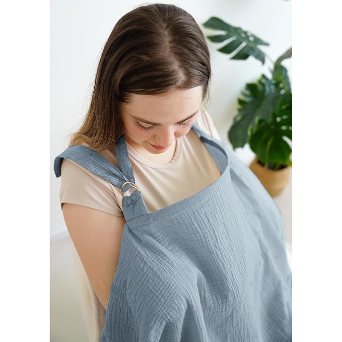 MairMore Muslin Nursing Covers for Breastfeeding, Privacy Breast Feeding Cover with Arch Neckline for Mom and Baby, Breathable 100% Cotton Nursing Apron Multi-use Stroller Cover
