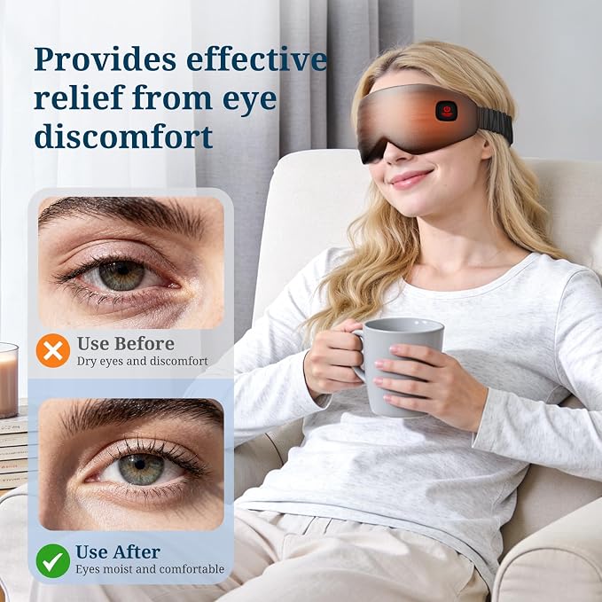 100% Silk Wireless Heated Eye Mask with Cooling, Relieves Dry Eye Syndrome and Puffy, Reduces Dark Circles, Adjustable Velcro Design and Washable Cover, Suitable for Travel & Gifts-Black
