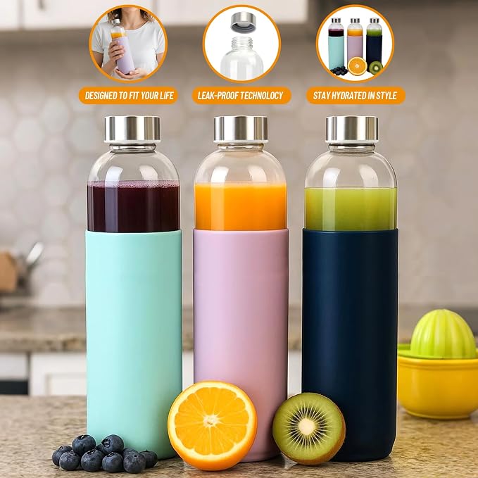 Luxfuel 18 oz Glass Bottles with Lids and Silicone Sleeve, Reusable Glass Juice Bottles with Stainless Steel Cap for Juicing, Refrigerator,100% Leak Proof, BPA Free,Glass Water Bottles Set of 10