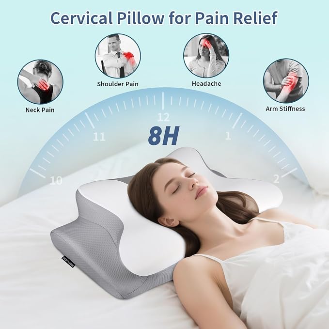 Cervicac了Neck Pillow for Pain Relief - Ergonomic Side Sleeper Pillow for Neck Support, Contour Orthopedic Cervical Pillow for Sleeping, Cooling Memory Foam Pillows for Back Sleepers (Light Grey&White)