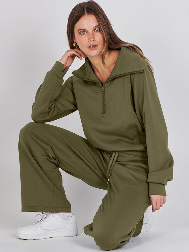 ANRABESS Women’s 2 Piece Outfits Half Zip Sweatshirt & Wide Leg Pants Airport Travel Lounge Matching Sets Sweatsuits Clothing