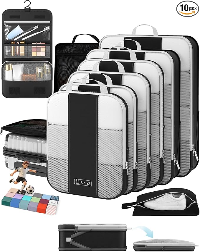 10 Set Compression Packing Cubes for Travel Essentials,Compressible Expandable Packing Cubes for Suitcase,OlarHike Luggage Garment Bags for Travel,Handy Helper for Organizing Clothes(Black)