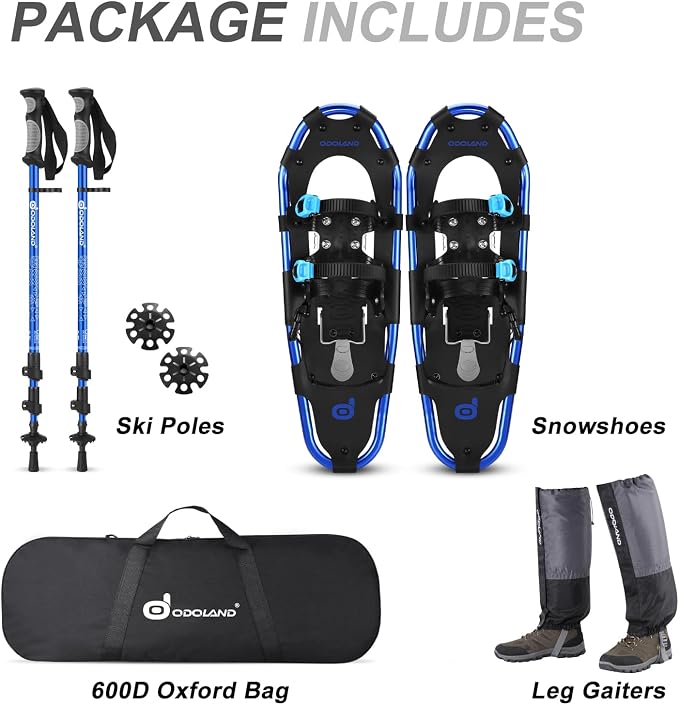 Odoland 21/25/30 Inch Snowshoes with Trekking Poles for Men Women Youth, Waterproof Snow Leg Gaiters and Carrying Bag, Lightweight Aluminum, Heel Lift, Snow Shoes Easy to Wear