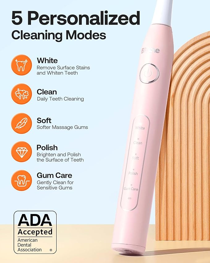 Bitvae Ultrasonic Electric Toothbrush - Rechargeable Sonic Electric Toothbrush for Adults and Kids, Power Toothbrush with Holder, 8 Brush Heads, Smart Timer, Fast Charge, Pink D2