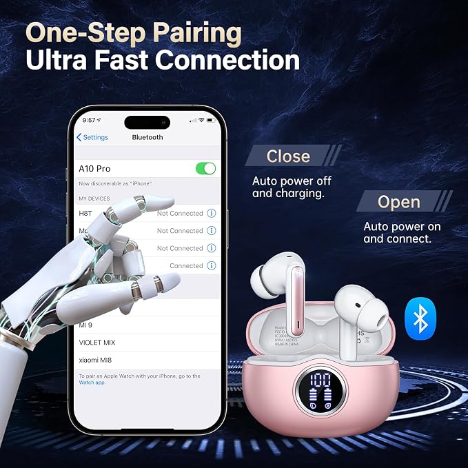 A10 Pro Wireless Earbuds Bluetooth 5.3 HiFi Stereo, 50H Playback LED Digital Display Earphones, ENC Noise Cancelling Mic, Ergonomic Sport Headphone Headset for Gym/Running/Work - Rose Gold