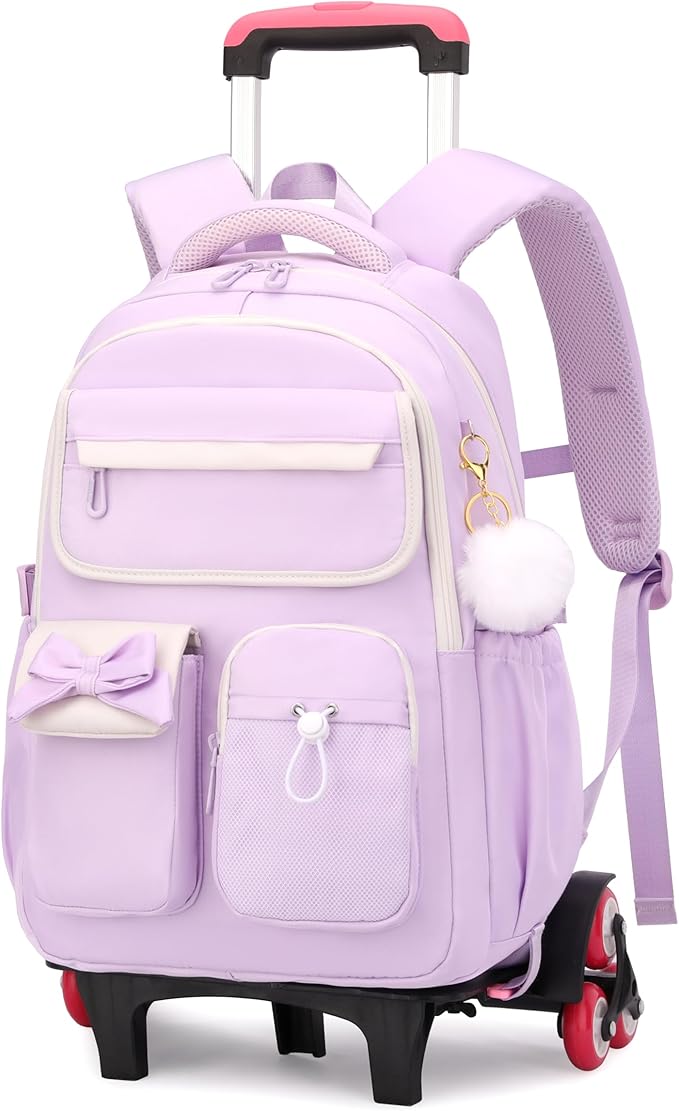 Purple Rolling Backpack for Girls Kids Trolley Rolling School Bag Wheeled Backpack for Elementary School Roller Bookbags on 6 Wheels, Purple