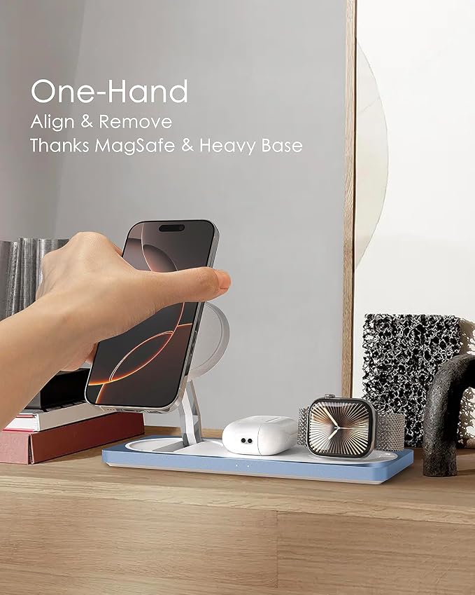 PETINO 3 in 1 Wireless Charging Station for Apple Devices with MagSafe | For iPhone 17/Air/16/15/14/13/12, AirPods & Apple Watch, Foldable Portable Aluminum Charging Stand, Adapter Included