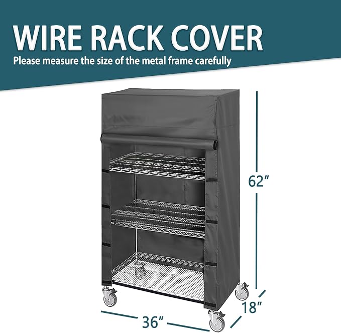 Shelving Cover for Storage Shelf & Wire Rack, Fits 36"x18"x62" | Waterproof Dustproof Cover with Nylon Buckle Design on Both Sides for Easy Access (Black, No Shelves)