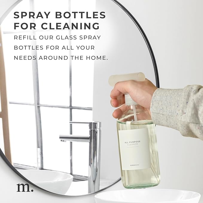 MaisoNovo Glass Spray Bottles 16 Oz Pack of 2 - Clear Spray Bottles for Cleaning Solutions with Fortified Glass & Fine Mist - Ideal for Cleaning, Disinfecting, Home, Office & Commercial Use - 16 Label