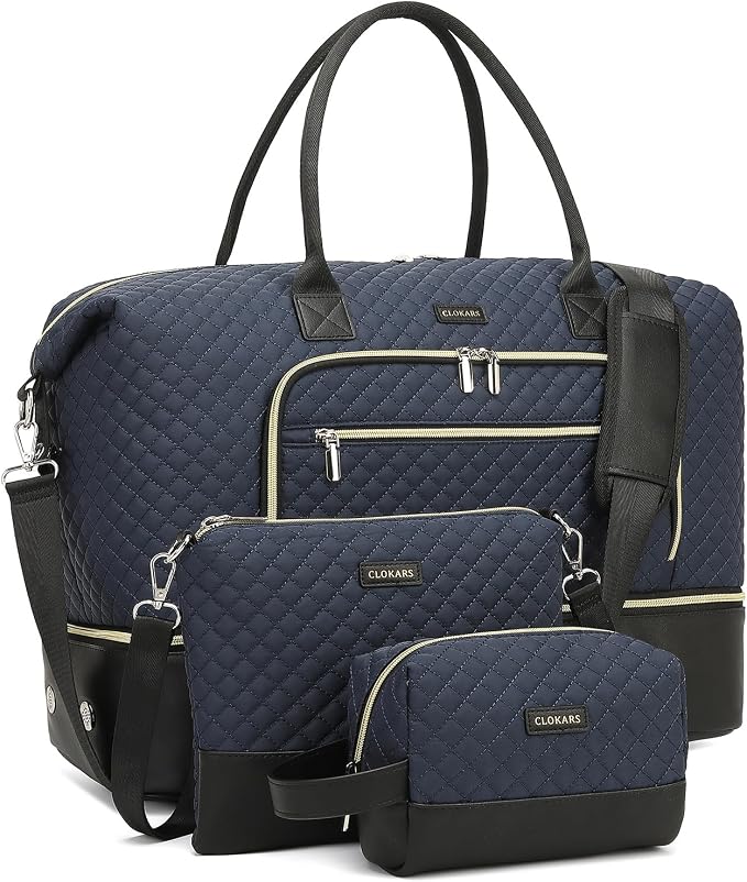 Weekender Bags for Women Travel, Under Seat Carry On Bags for Airplanes Overnight Bag with Shoe Compartment Luggage Sleeve, Foldie Travel Tote Bag Hospital Bag, Travel Gifts, Navy Black