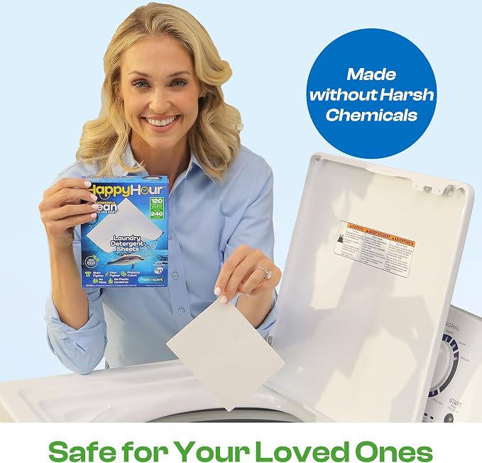 HAPPY HOUR Laundry Detergent Sheets Value Pack with up to 240 Loads, Non Toxic Laundry Sheets Detergent Soap for Sensitive Skin, Recyclable Eco Friendly, Perfect for Travel - Fresh Scent