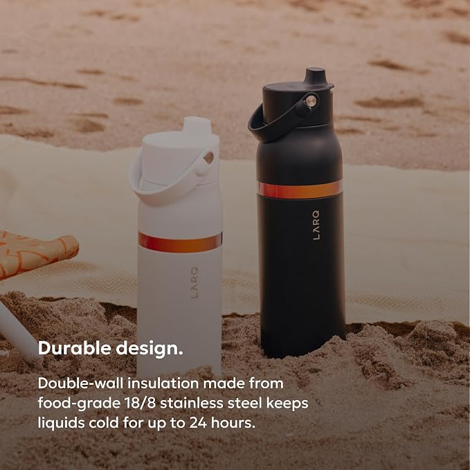 LARQ Swig Top Amber Vittoria — Insulated Stainless Steel Water Bottle with Straw, Silicone Handle, Vacuum 24h Cold, BPA-Free Metal Bottle for Gym, Travel, Office — 23 oz, Granite White
