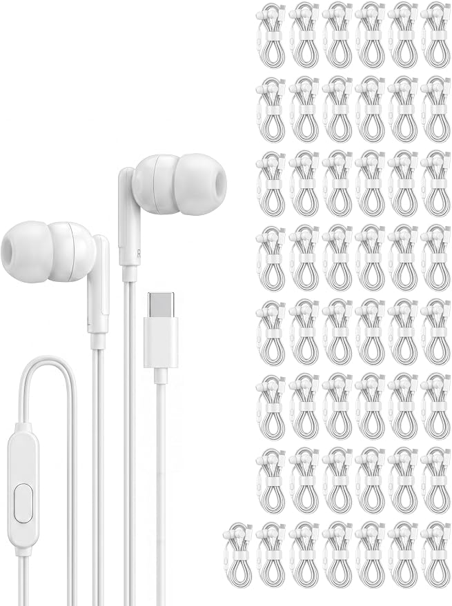 Pearl 50 Pack USB C Headphones Wired Earbuds Bulk for iPhone 17/16/15 Pro Max Plus, Galaxy Series, Chromebook, MacBook, Type C Earbuds Wired Headphones for School Classroom, White, No Microphone