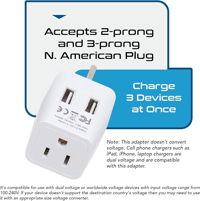 Ceptics UK adapters for Travel to London, Hong Kong, Ireland - Dual USB-A & USA Input - Type G Adapter Grounded - Ideal for Phone, Laptop, Cameras