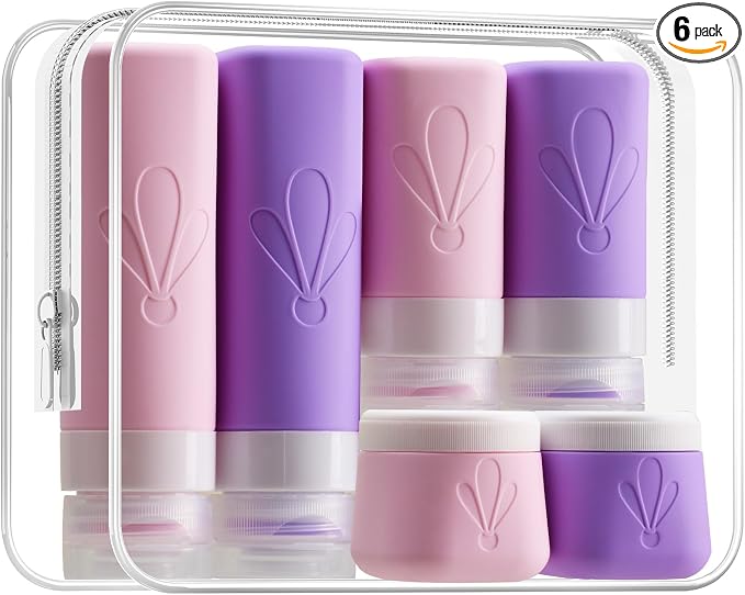 INSFIT travel bottles for toiletries 6 Pack, Leak proof Travel Size Toiletries Containers with toiletry bag, Squeezable Silicone Bottles & Cream Jars, Travel Essentials BPA-Free set for Shampoo