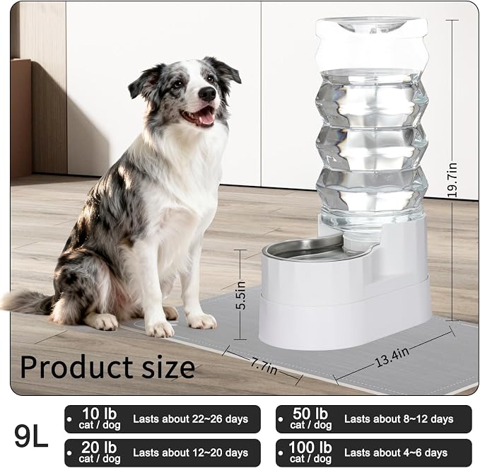 RIZZARI 9L Gravity Elevated Stainless Steel Dog Water Dispenser | Comfortable Drinking Height for Large & Senior Dogs,Filtered Hydration Design, No Electricity Needed, Spill-Proof