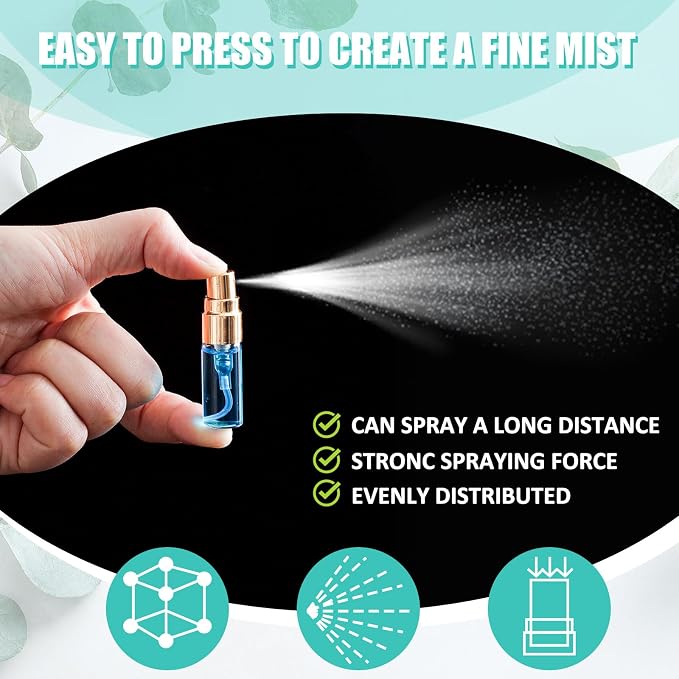 Zhehao 50 Pcs Mini Spray Bottles 3 ml Clear Glass Perfume Bottles Refillable Fine Mist Perfume Atomizer Portable Empty Sample Containers for Cleaning, Essential Oils, Travel (Gold Cap)