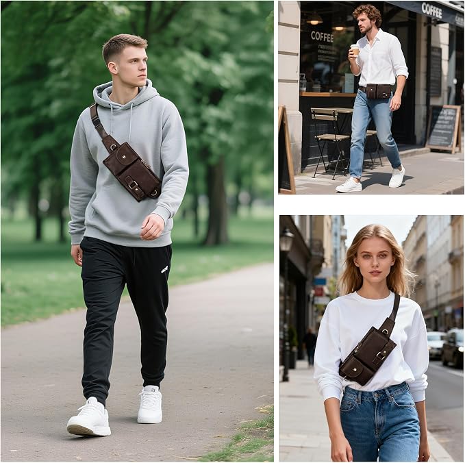 NIUCUNZH Genuine Leather Fanny Pack for Men Women Slim Waist Purses Sling Crossbody Bags Vintage Coffee