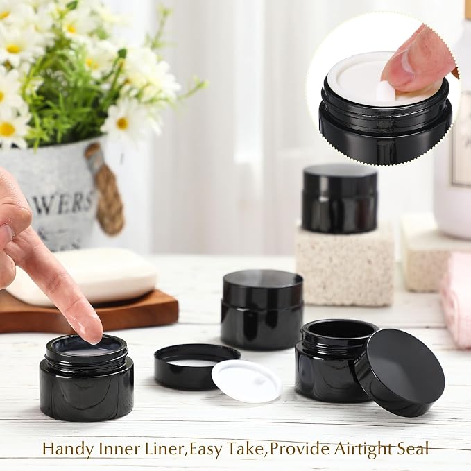 Domensi 60 Pcs 1oz Glass Jars with Lids Bulk Small Glass Salve Tins Cream Container Cosmetic Jars for Travel Balm with Inner Liners for Sample Cream (Black,Black Lid,Plastic Lid)