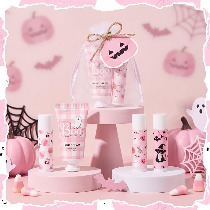 144 Pcs Halloween Lip Balms Hand Cream Sets Pink Supplies Including 36 Ghost Lip Balm and Moisturizing Hand Cream 36 Organza Bags Cards and Ropes for Team Accessories Party Thank You Gifts