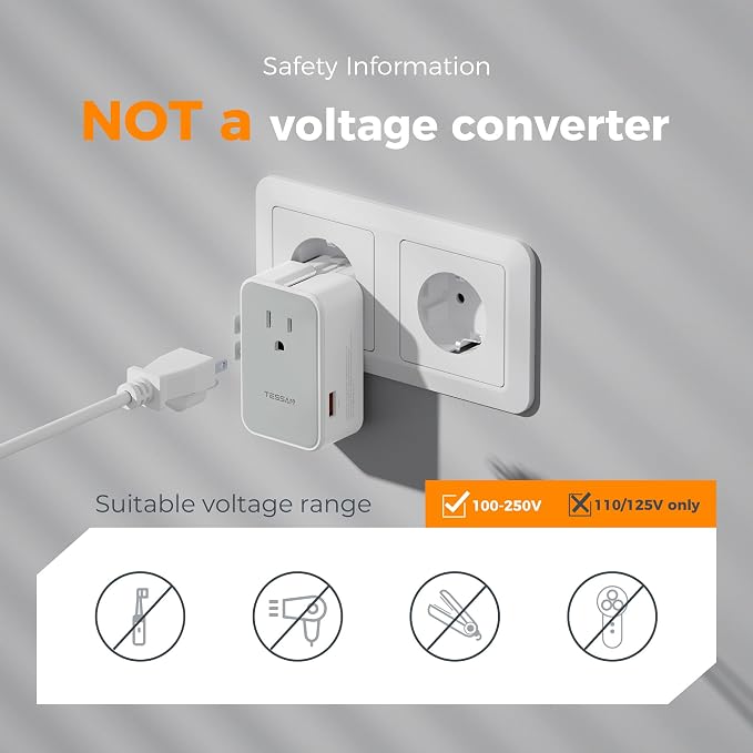 TESSAN Universal Travel Adapter 20W, Ultra Slim International Power Adapter with 2 USB-C 1 USB-A, Travel Plug Adaptor Worldwide for US to European UK Spain Italy England New Zealand (Type C G A I)