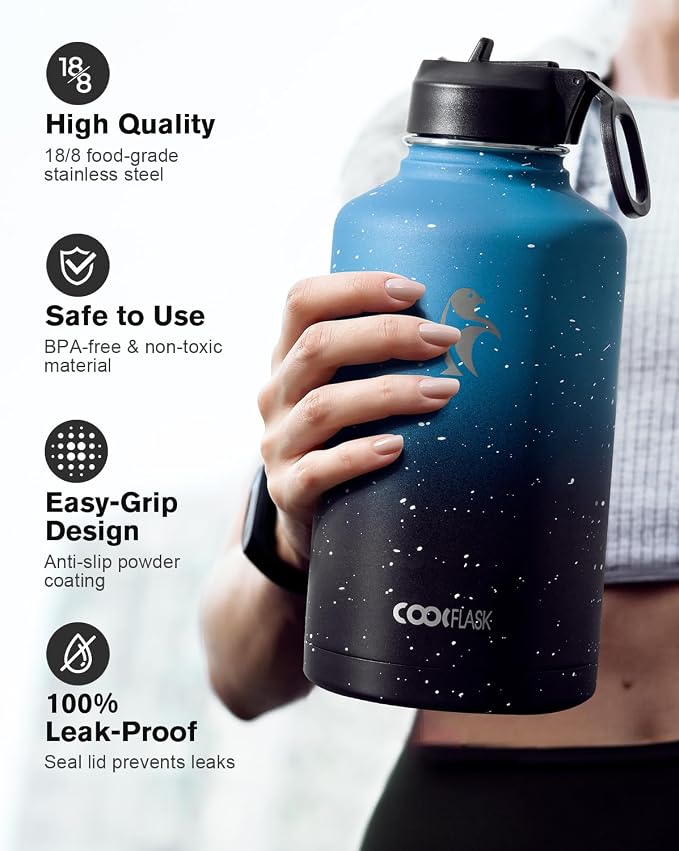 Coolflask 64 oz Water Bottle Insulated with Straw&3 Lids, Half Gallon Water Jug Galaxy Large Metal Stainless Steel Vacuum Flask for Gym, Sports and Travel, Keep Cold 48H Hot 24H,Turquoise