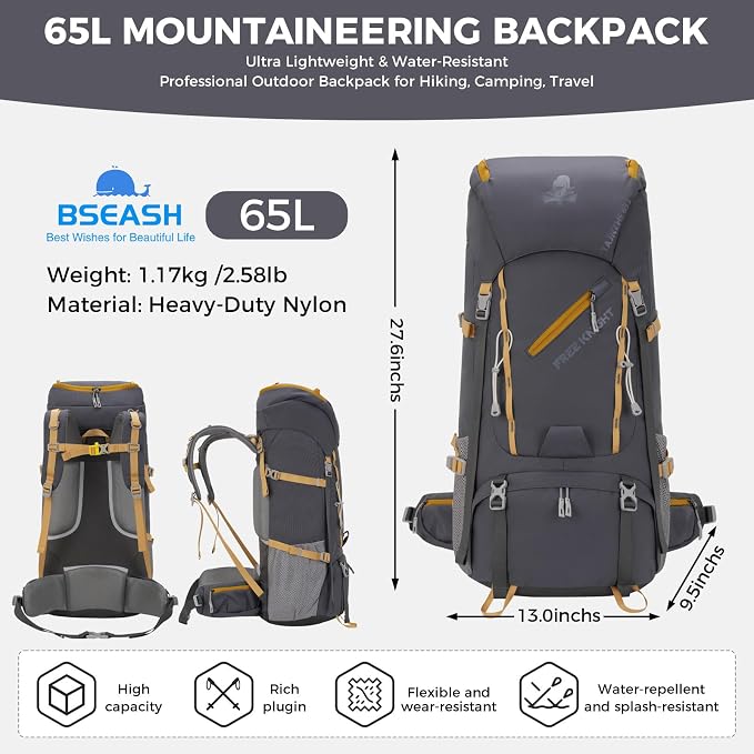 Bseash 65L Waterproof Hiking Camping Backpack with Rain Cover, Outdoor Sport Travel Daypack for Climbing Touring (Gray)