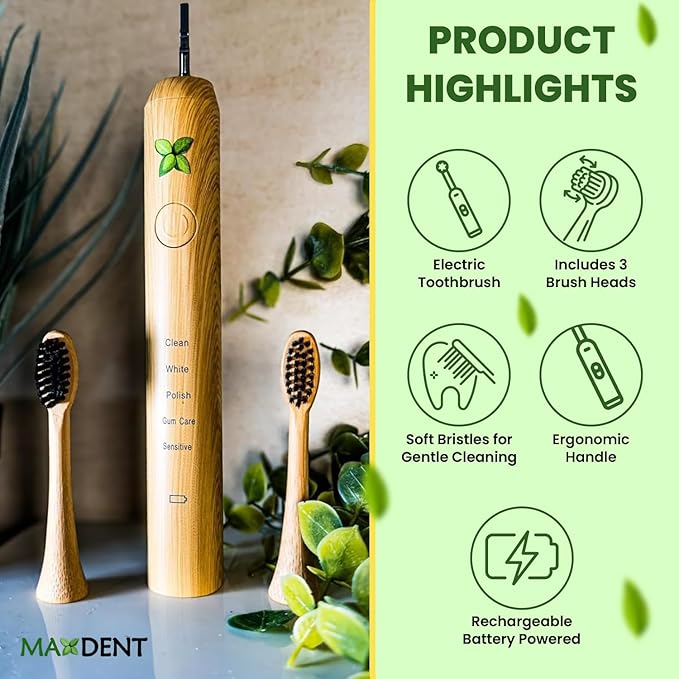 Rechargeable Bamboo Electric Tooth Brush, Brush with 3 Replacement Heads and Storage Case, Portable Oral Care, Durable Electric Design with Travel-Friendly Protective Holder