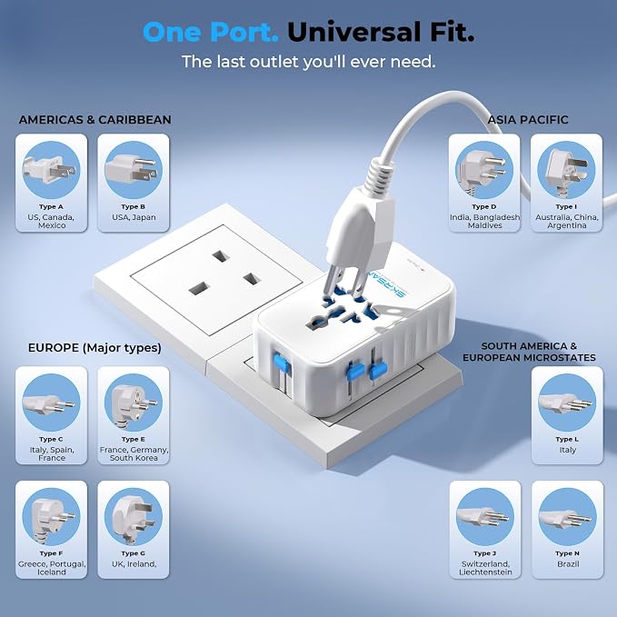 Aura 45W Ultra-Slim International Travel Adapter, 36mm Pocket-Sized 6-in-1 Universal Power Plug, PD & QC 3.0 Fast Charging Essentials for UK Europe Australia USA, 200+ Countries (Arctic White)