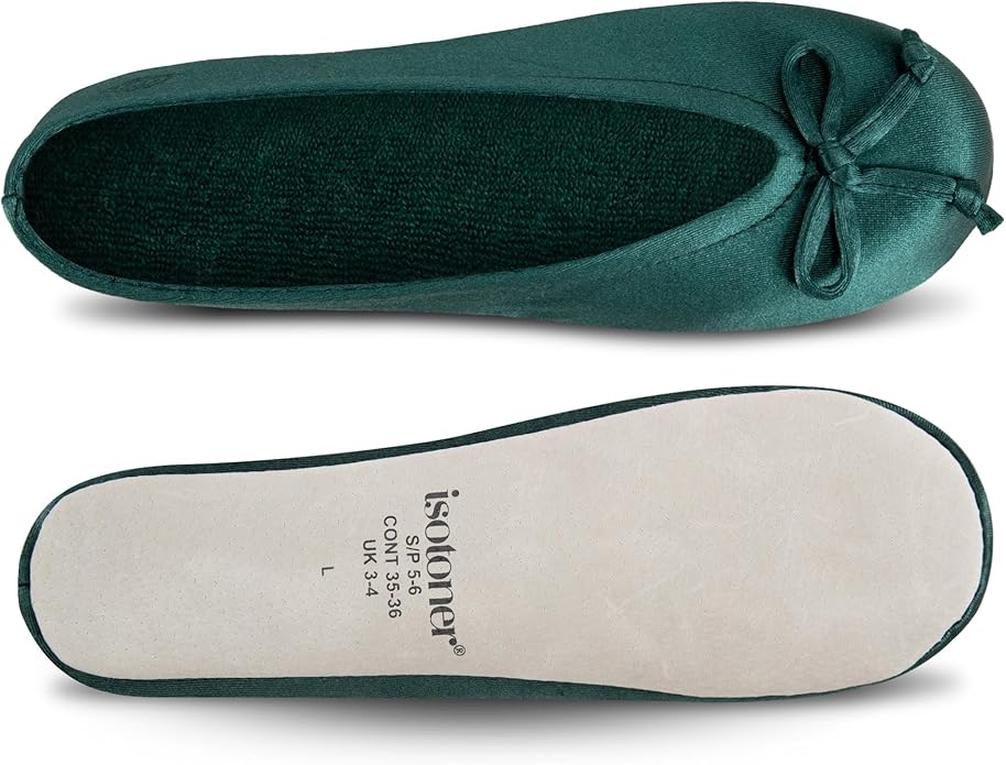 Isotoner Women's Satin Ballerina Slippers with Classic Ribbon Bow and Suede Sole