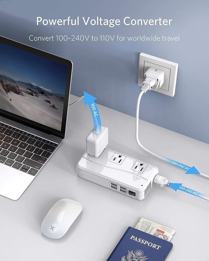 BESTEK Universal Travel Adapter 220V to 110V Voltage Converter with 6A 4-Port USB Charging and UK/AU/US/EU Worldwide Plug Adapter