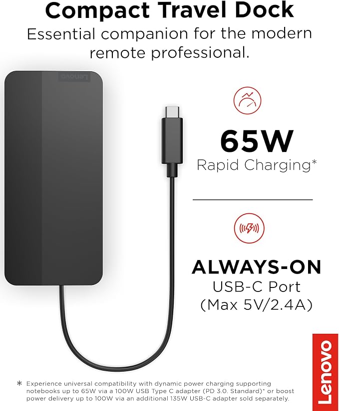 Lenovo USB-C Dual Display Travel Dock - 7 Ports, Integrated Cable, Universal Compatibility, Two displays at 4K - Black
