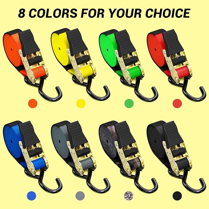 Ratchet Tie Down Strap 15 Ft - 500 lbs Load Cap with 1500 lbs Breaking Limit, Ohuhu Ratchet Tie Downs Logistic Cargo Straps for Moving Appliances, Motorcycle (Yellow, 8-Pack)
