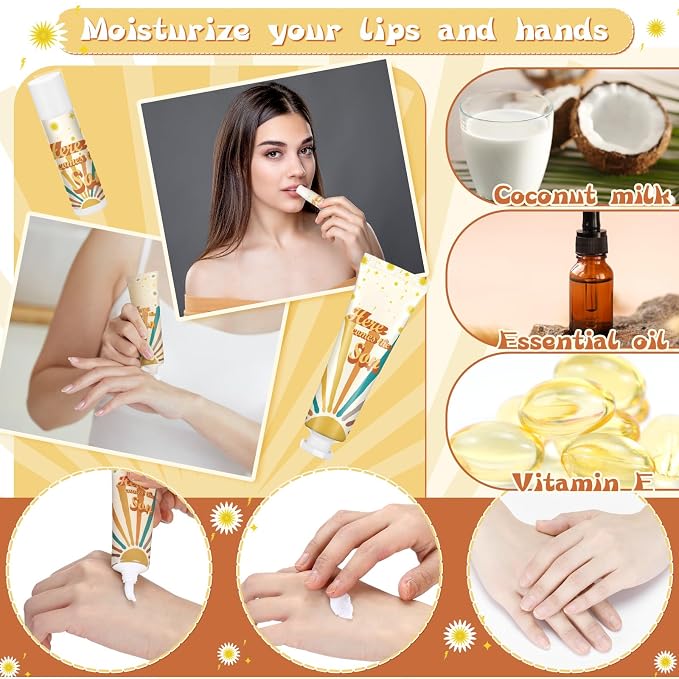 24 Sets Here Comes The Sun Baby Shower Gifts Here Comes The Sun Hand Cream and Lip Balm Baby Shower Party Favors for Guest Travel Size Hand Lotion and Lip Balm Bulk Birthday Party Supplies
