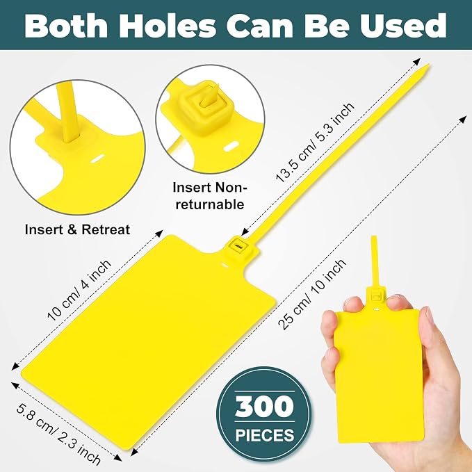 300 Pcs Plastic Tags Seals Shipping Label 255 mm Total Length Waterproof Plastic Hanging Tags and 3 Color Marker Pens for Logistics Shipping Luggage Labeling Fastener (Yellow)