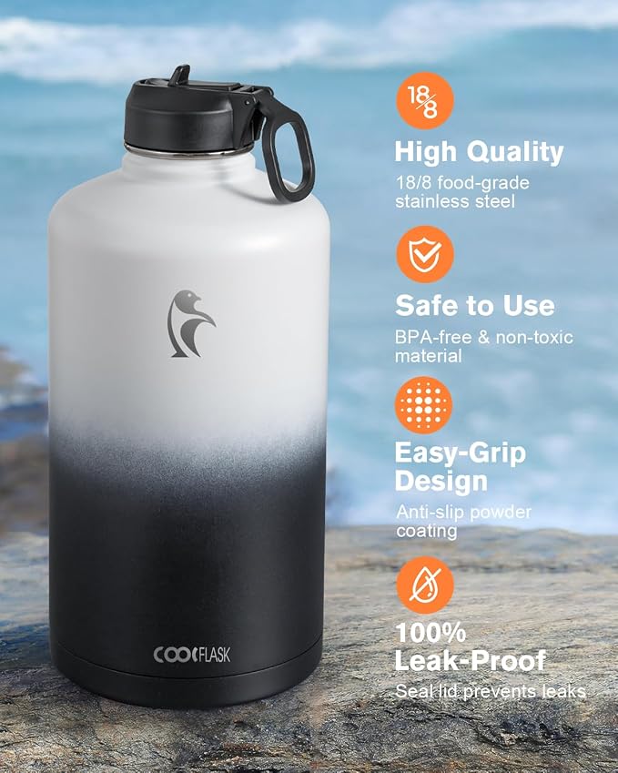 Coolflask 128 oz Gallon Water Bottle Insulated with Straw&3 Lids, Water Jug Large Stainless Steel Metal Vacuum Wide Mouth for Sports, Gym or Office, Non-BPA Keep Cold 48H Hot 24H, White & Black