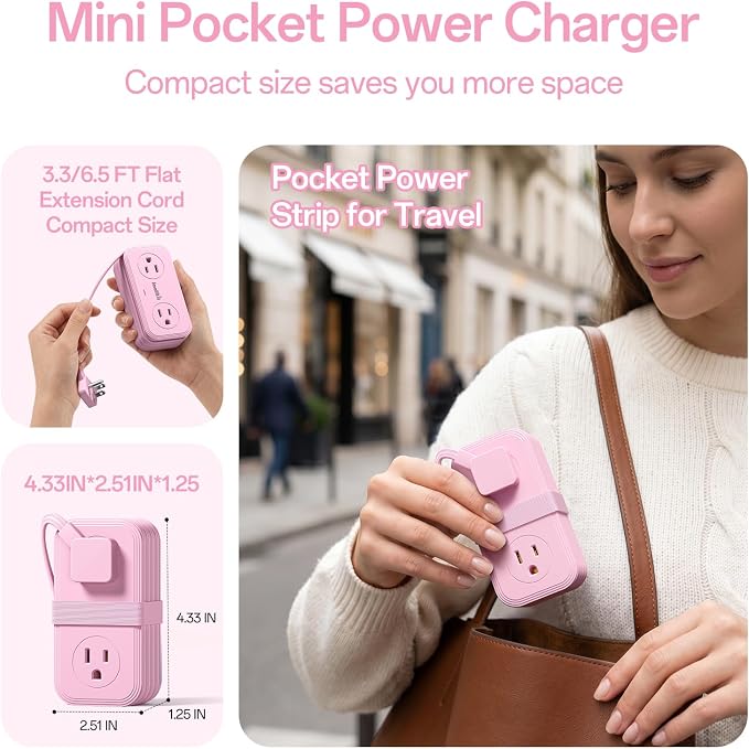 Travel Power Strip, SMALLRT 2 Pcs Extension Cord with Multiple Outlets, 3.3FT Wrapped Extension Flat Plug Power Strip with 4 AC Outlets for Travel, Hotel, Cruise Approved, No Surge Protection, Pink