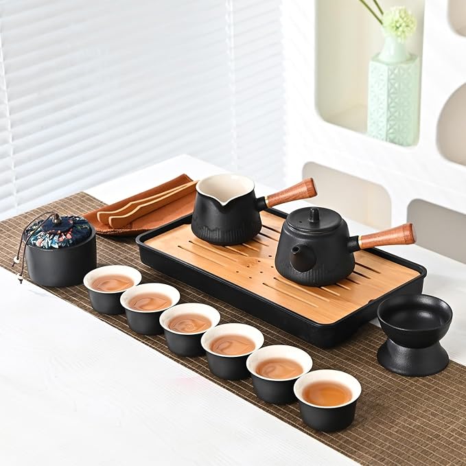 Japanese Tea Set Traditional, Chinese Gongfu Tea Set for Adults, Kung Fu Teaset for Women Side Handle Teapot (Ceba 6cups)