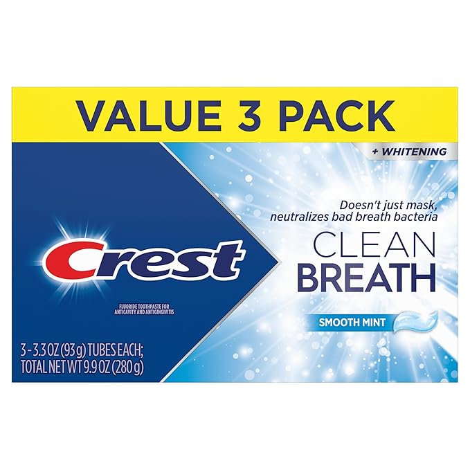 Crest Toothpaste Clean Breath Smooth Mint 3.3oz Pack of 3 – Neutralizes Bad Breath, Antibacterial Protection, Fights Cavities, Freshens Breath, Gently Whitens