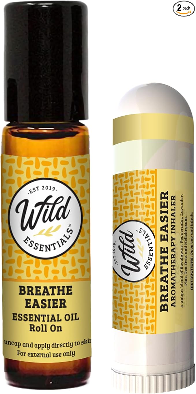 Wild Essentials Breathe Easier Essential Oil Blend 2 Pack – Roll-On & Aromatherapy Nasal Inhaler– Natural Relief for Congestion, Allergies & Clear Breathing